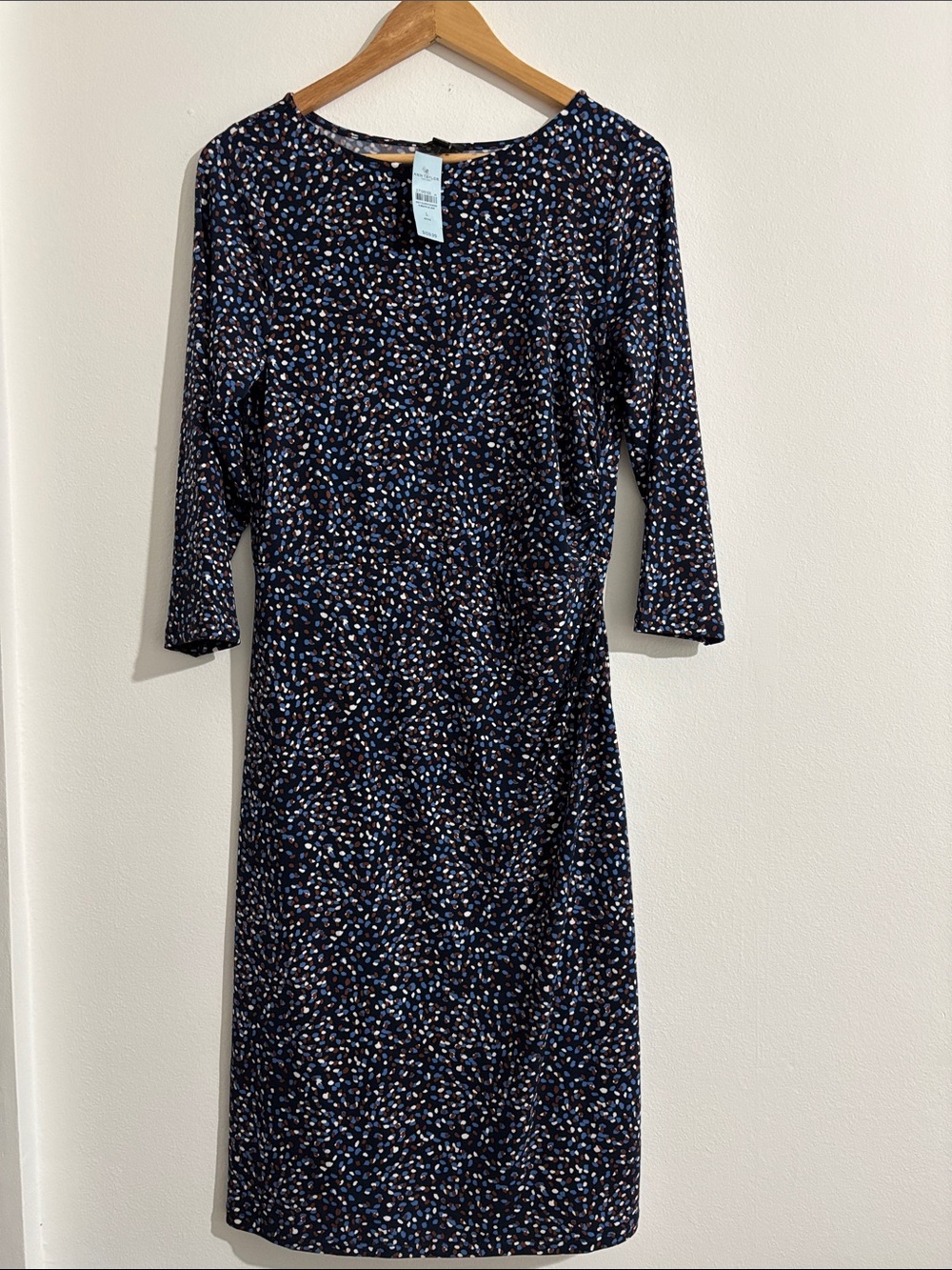 Ann Taylor Petite Navy Multi-Print Long Sleeve Sheath Dress casual midi LP chic